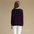 Inverno Casual Navy Blue Vertical Stripe Patterned Cashmere Sweater para mulheres